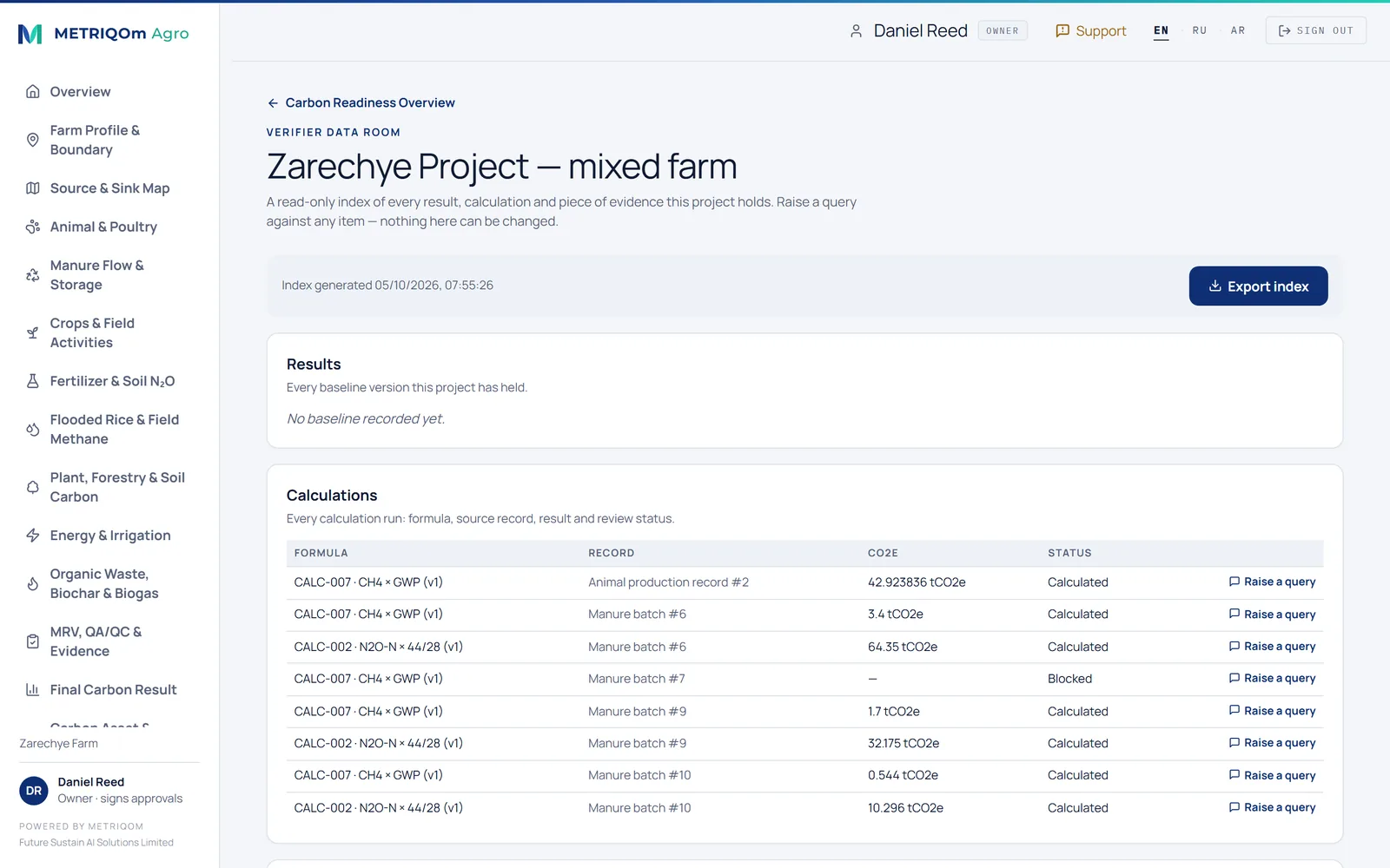 Verifier data room: a read-only index of every result, calculation and piece of evidence, with an index export