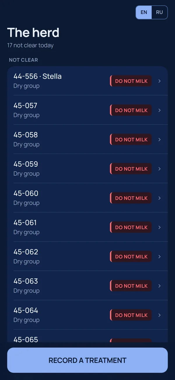Worker view on a phone: the herd, with every cow that must not be milked listed first